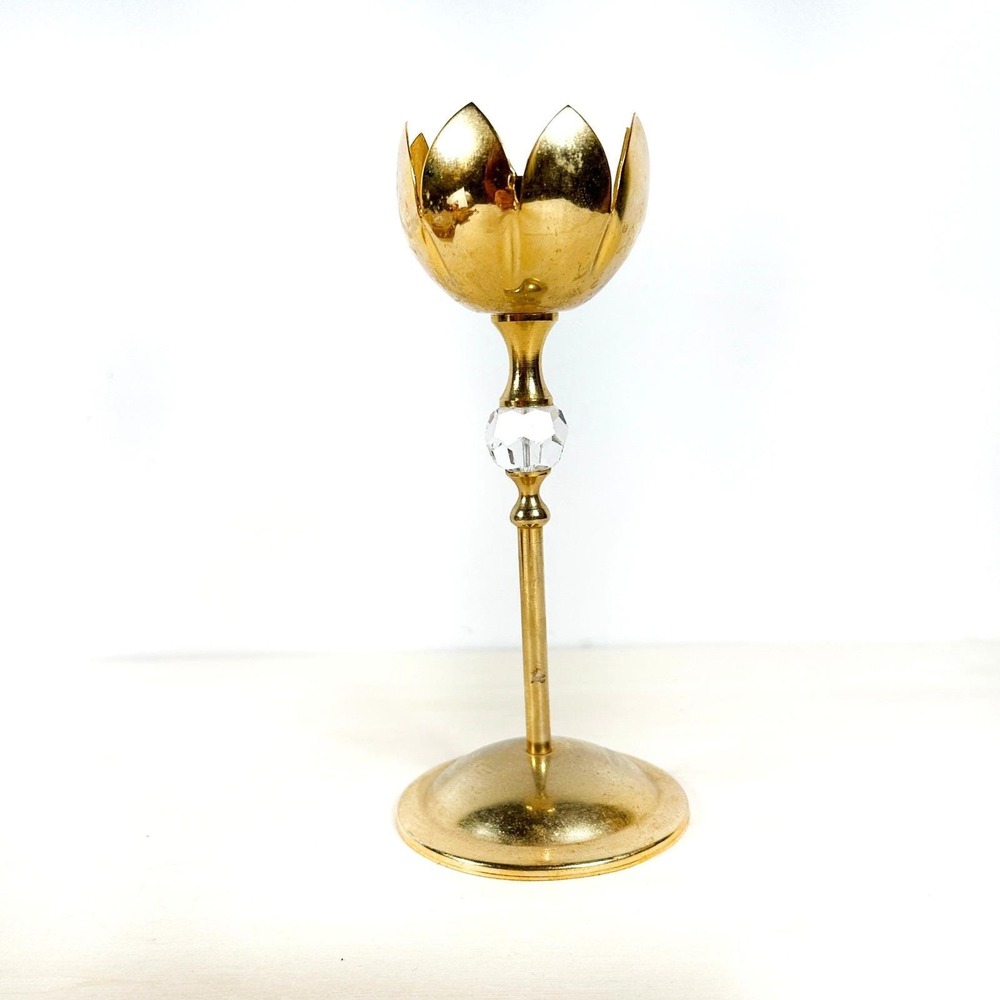 Vintage Brass Tulip Candlestick GATCO Solid Brass Crystal Bead Hong Kong‎ 6.5